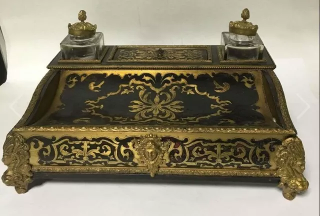 Antique 19c Inkstand Double French Boulle Ink well Neapolean Brass Inlay Ebony