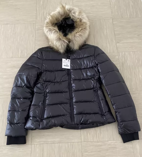 ZARA BLACK SHINY Quilted Hooded Puffer Jacket With Zipped Pockets