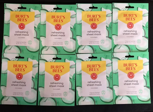 LOT of 8 BURT'S BEES Refreshing Face Sheet Mask Cucumber (1 per pack), Brand New