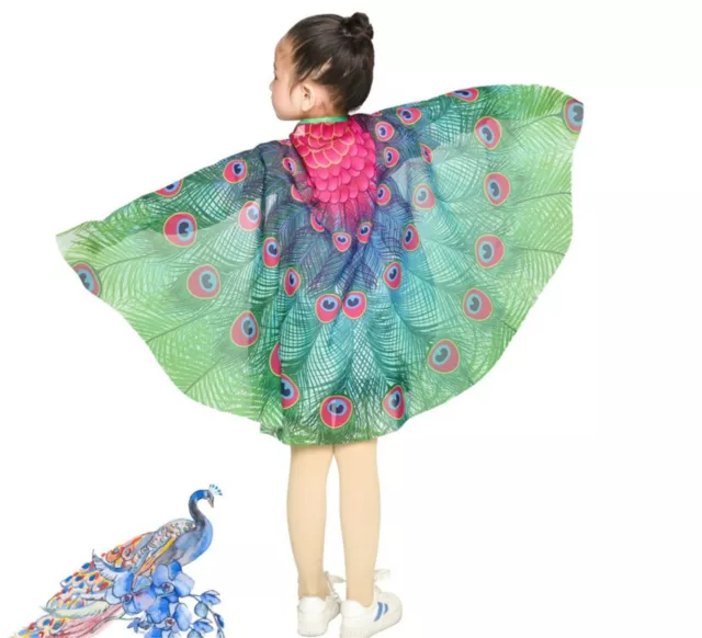 Kid Girls Children Peacock Cape Wings Cloak Party Book Week Animal Costume Shawl