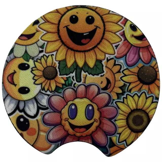 Car Coasters Colorful Smiley Face Flowers Set of 2 Neoprene Absorbent 3