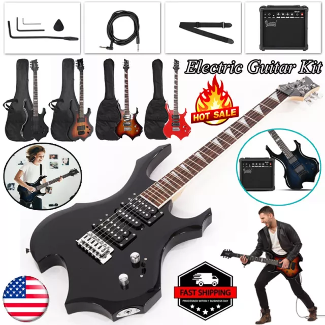 Glarry Burning Fire Basswood Electric Guitar Set with Bag & 20W Amp US New