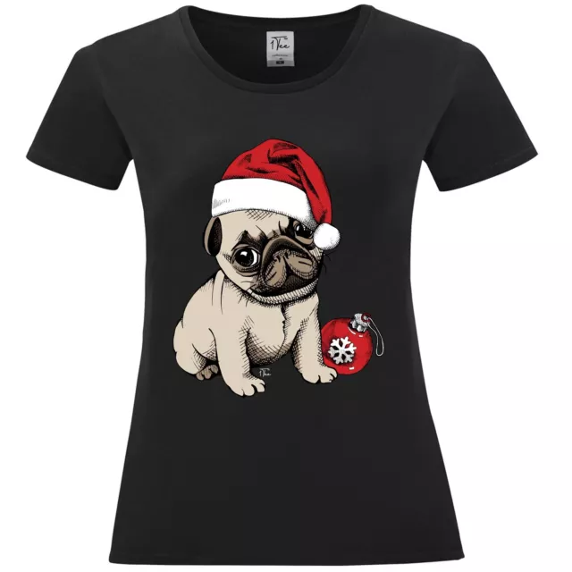 1Tee Womens Puppy Pug Wearing Santa's Hat, Cute Christmas T-Shirt 2