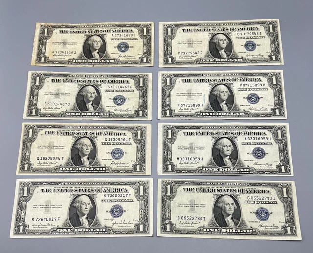 LOT of EIGHT - 1935 D,E,F $1 ONE DOLLAR SILVER CERTIFICATES US BILLS BLUE SEAL