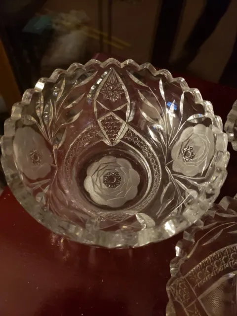 Mayo Bowl & Plate & Relish American Brilliant Period Cut glass Crystal Rose Geo 3
