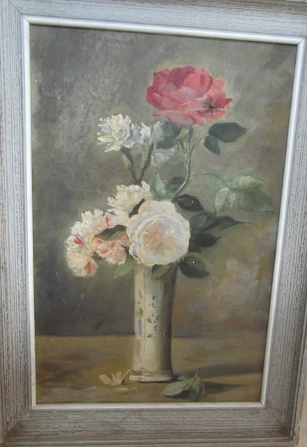 Tableau Ancien Huile Sur Toile Bouquet De Lilas Signé Perrier – 38x48 Cm – Nature Morte