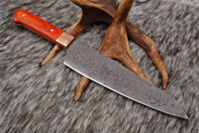 Hand Forged Damascus Steel Chef Knife &Copper Guard W/Stain Wood Handle 1197