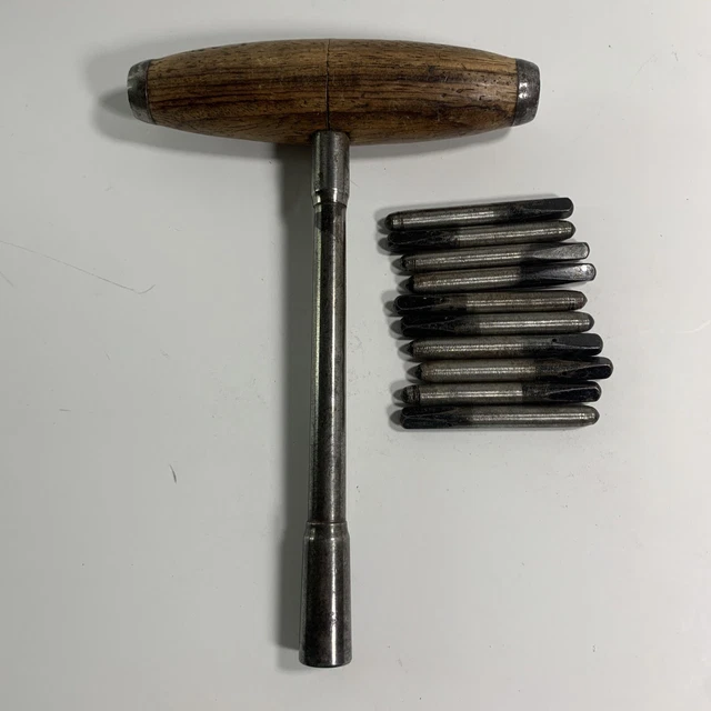 Piano Tuning Tool T Wrench Spanner with Wooden Handle W/pins Good condition. B18