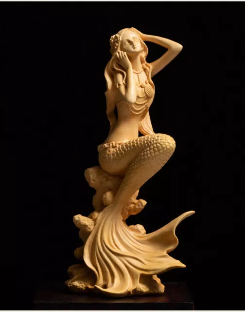 19x9x6.5 cm Carved Boxwood carving Beautiful Mermaid wooden Statue Decoration