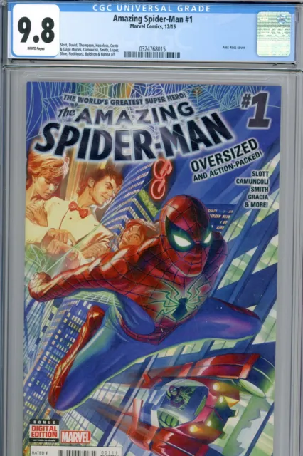Amazing Spider-Man #1 CGC 9.8 Mint. 12/2015 Marvel Comics Alex Ross Cover.
