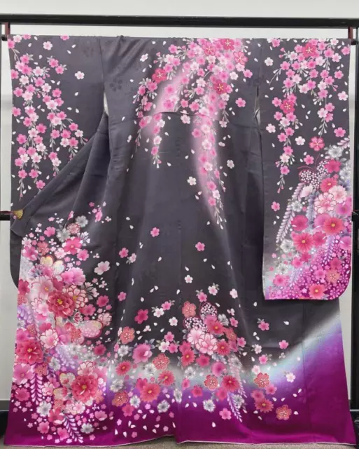 Furisode Kimono Pure Silk Cherry Blossoms Flowers Gray Gold Pink Gorgeous Japan
