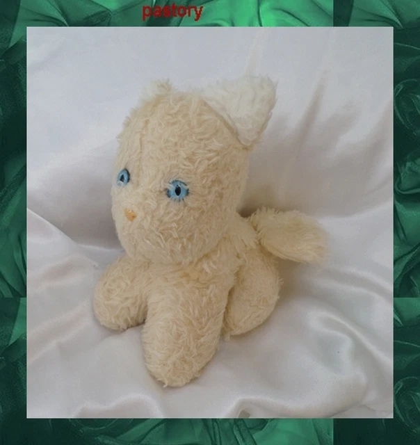 Peluche Doudou Chat Assis Jaune Clair Oreilles Blanc Yeux Bleu Vintage