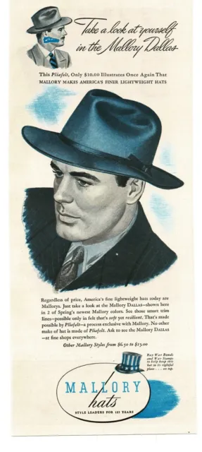 1945 Mallory Dallas Hat Pliafelt WWII Buy War Bonds Vintage Print Ad
