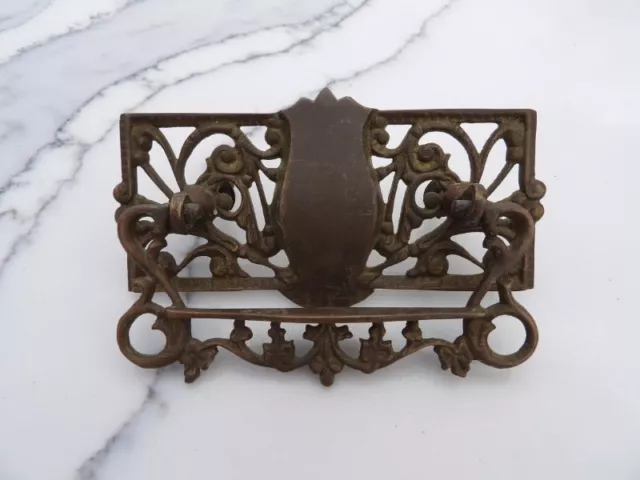 Antique French Art Nouveau Ornate Brass Rectangle Shape Drawer Pull Handle