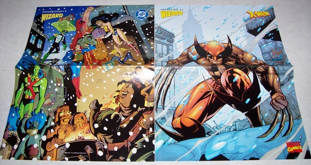 Lot of 2 WIZARD PROMO POSTERS 10" x 13" DC SUPERHEROES & MARVEL WOLVERINE
