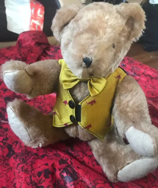 Vintage Teddy Bear Fully Jointed Moving Arms Legs Head Waist Coat Tie Brown 27cm