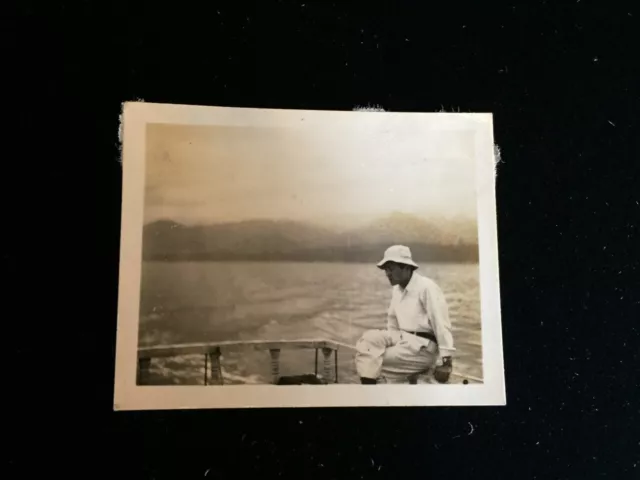 #5479 Japanese Vintage Photo 1940s / man landscape Ocean Mountain boat