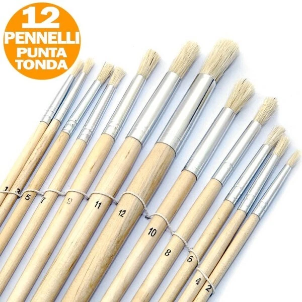 Set 12 Pennelli Pennello Punta Tonda Manico Legno Lungo Pittura Arte Decoupage