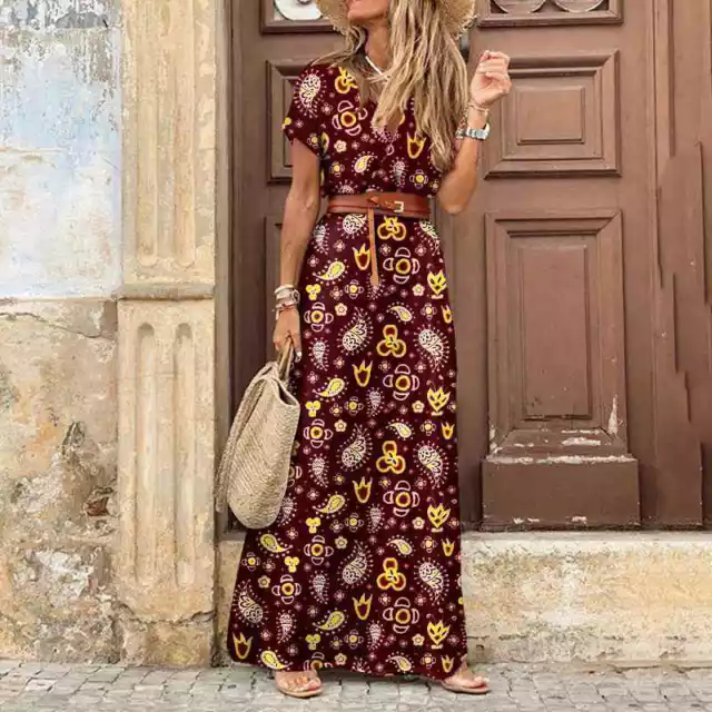 Sundress Beach V Neck Holiday Floral Women Ladies Boho Long Maxi Dress Summer