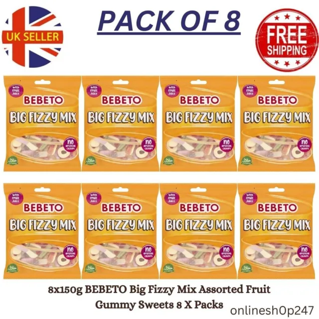 8 X 50g BEBETO Big Fizzy Mix Assorted Fruit Gummy Sweets X 8 Packs