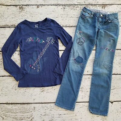 GAP KIDS 12 Girls Rock Star Guitar Embroidered Tee and Jeans Outfit EUC
