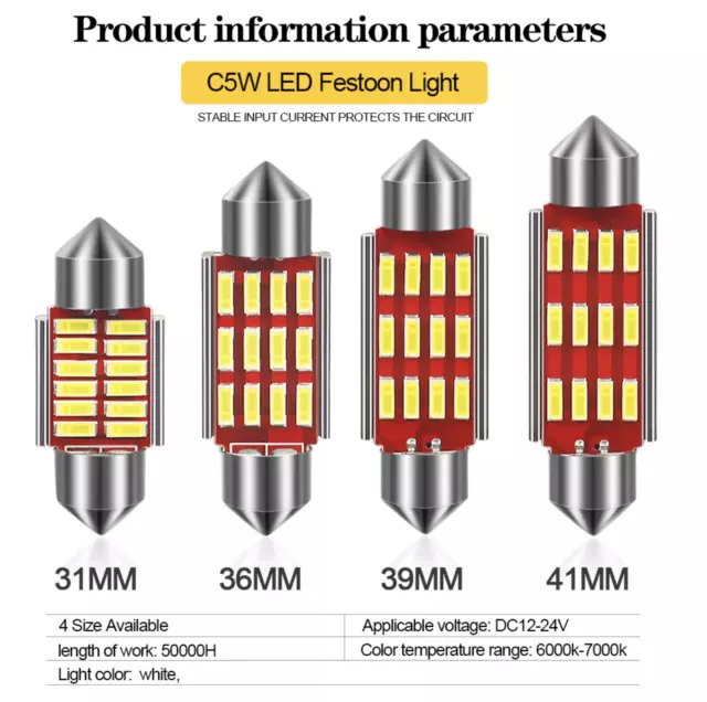 C5W Car Bulb LED ERROR FREE CANBUS COB Xenon White Festoon Number Plate Interior
