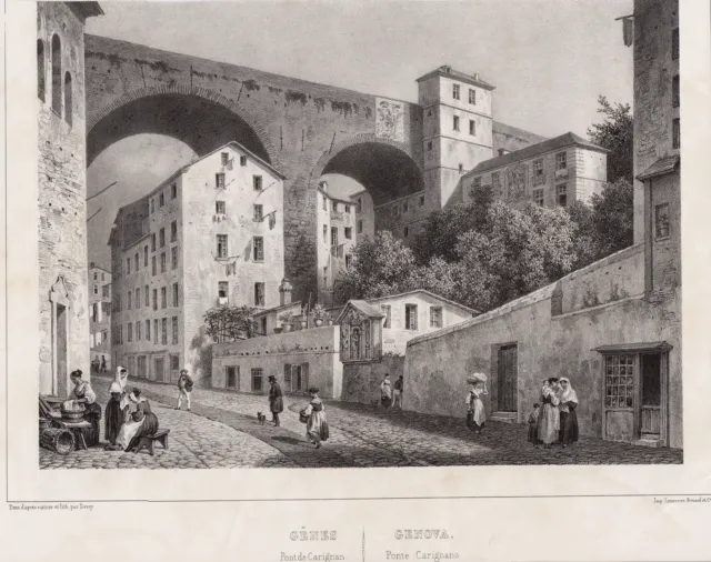Génova Genova Liguria Puente Original Litografía Deroy 1840