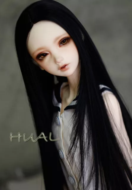 1/4 7-8" BJD Doll Wig Jet Black Straight Layers Buckle Curl Tips Hair Long YL-f1