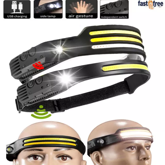 Rechargeable Headlamp COB LED Motion Sensor Head Torch Headlight USB Waterproof