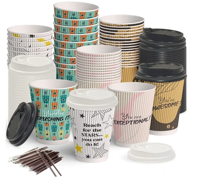 100 Disposable Coffee Cups with Lids 12 Oz, To Go Coffee Paper Cups with Lids