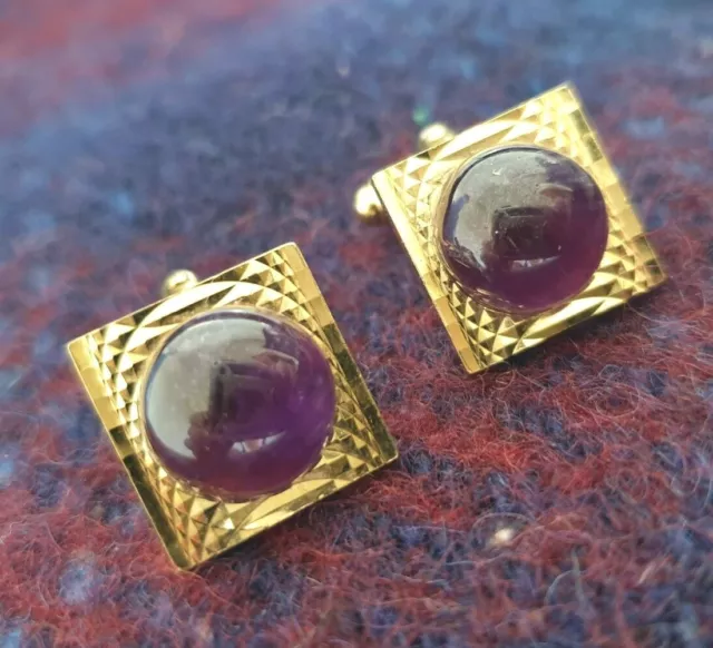 Cufflinks Vintage Mens Cuff Links 1960s 1970s MOD GOLDTONE Purple Glass Stone