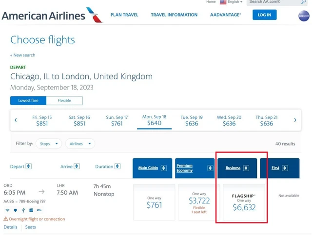 Chicago to London American Airlines 2023 Sep 18 one way Business Class