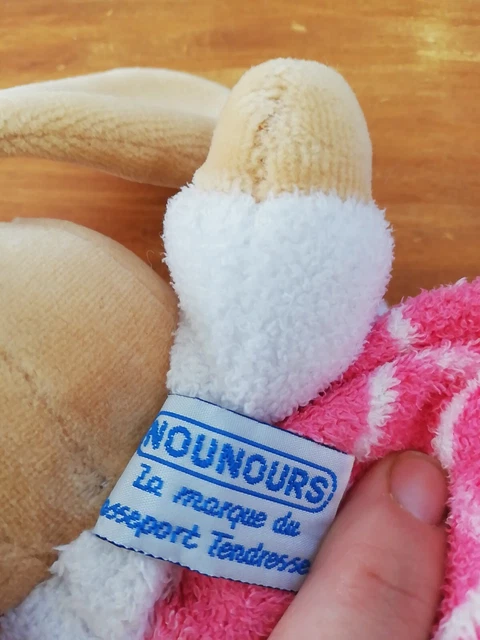 Doudou Peluche Nounours Lapin Boule Marron Beige Blanc Vichy Rose Écharpe 3