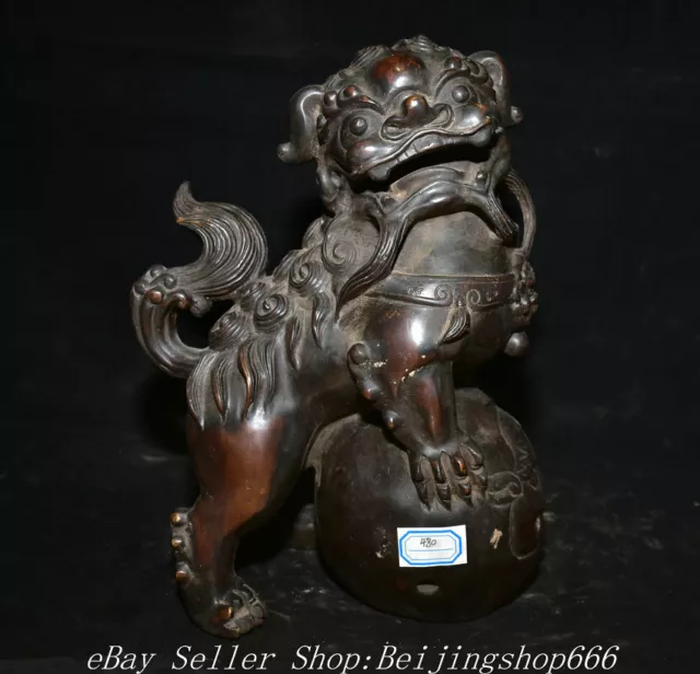 13.2" Old Chinese Bronze Gilt Fengshui Foo Fu Lion Bead Statue Sculpture