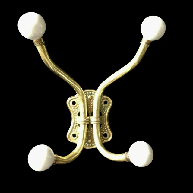 Vintage Ceramic And Brass Coat Hanger Wall Hook Twist Metal White Ball