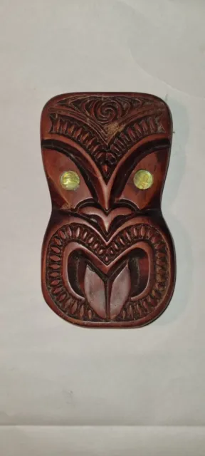 MAORI TIKI SHELF ORNAMENT with Paua Shell Eyes. NEW ZEALAND CARVED WOODEN
