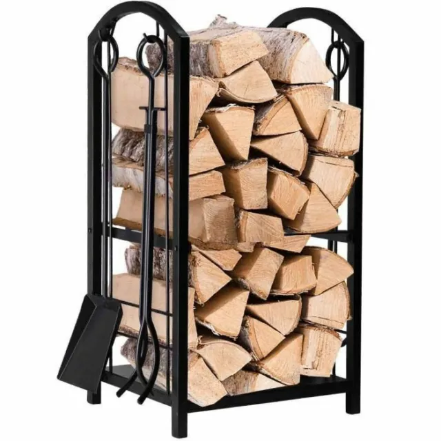 Large Fireplace Log Rack & Tools Set Black Steel Firewood Holder Storage 73cm