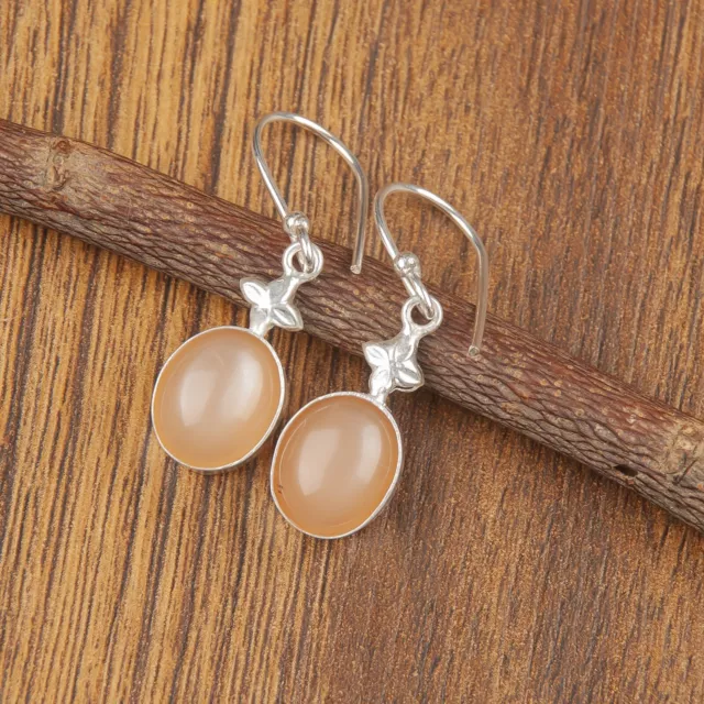 Natural Peach Moonstone Gemstone Drop/Dangle Earrings 925 Sterling Silver