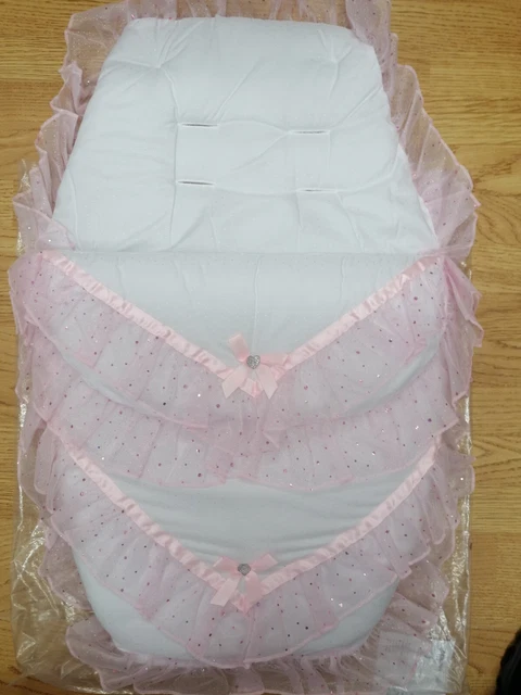 Baby Mädchen weiß/rosa Rüschen & Schleifen Fuß Muff gemütliche Zehen Kinderwagen Buggy