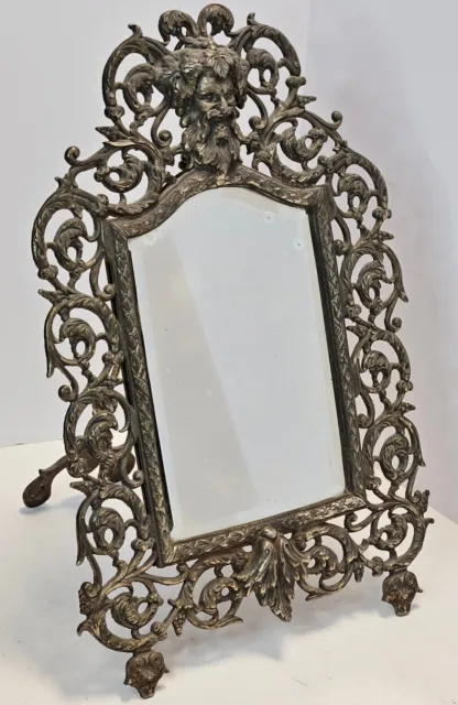 Antique Ornate 19th C. Gilt Cast Iron 'Green Man' Easel Back Victorian Mirror