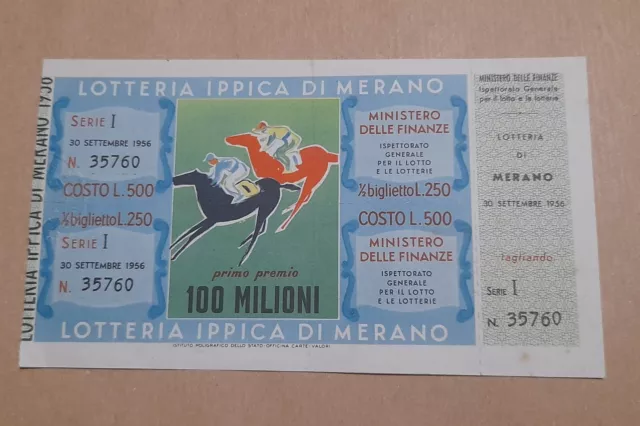 Biglietto Lotteria Ippica Di Merano , 1956