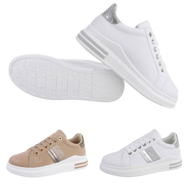 Scarpe da passeggio donna sneakers sportive ecopelle con lacci bianche laminate