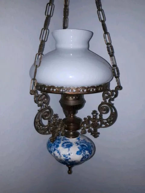 Antike Deckenlampe Messing Glas Glasschirm Lampe blau weiß