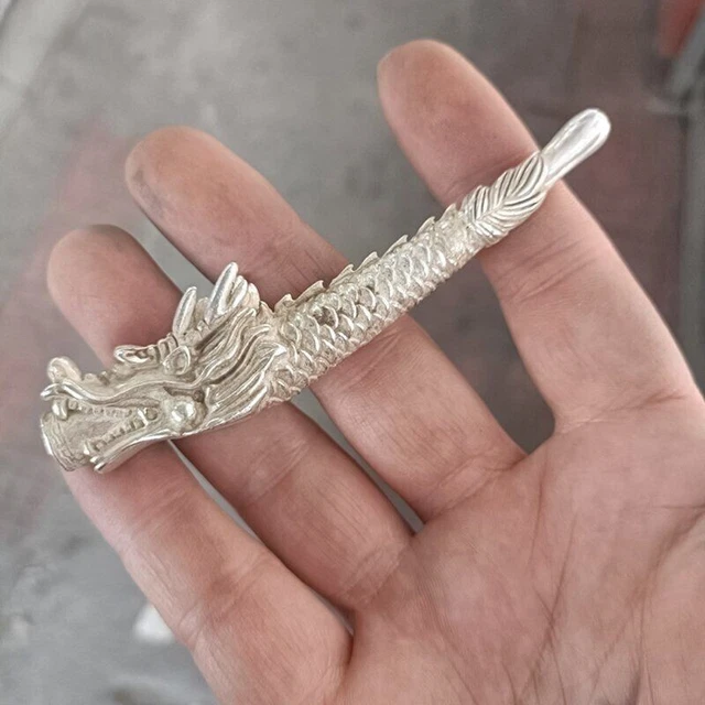 Old Chinese tibet silver handcarved Dragon cigarette holder smoking tool Statues