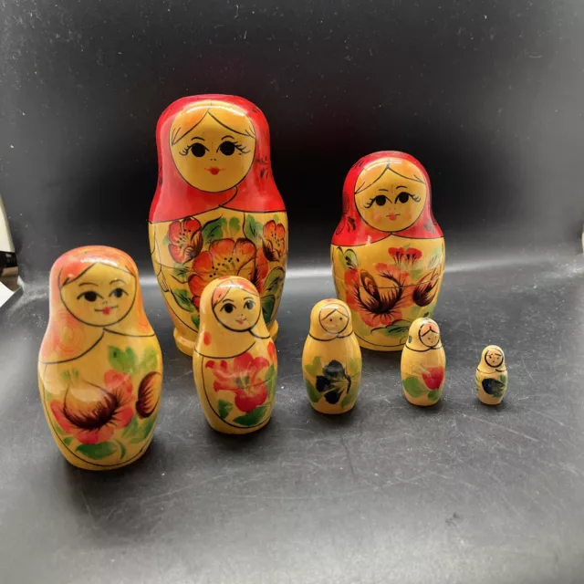 VTG USSR  Wooden Russian Nesting Dolls Matryoshka Babushka Hand Painted Set of 7