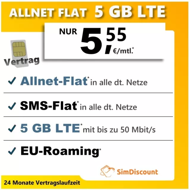 Handytarif 5,55 € Monat Sim Karte Only mit Vertrag 5 GB LTE Internet Allnet Flat