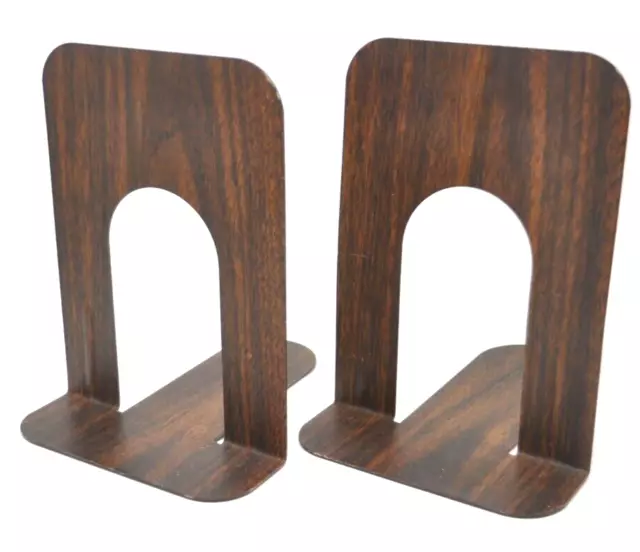 Vtg Set of 2 MCM FAUX WOOD Grain BOOKENDS Metal Industrial Library 8"