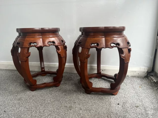 Pair Chinese Rosewood Oriental Stools garden Seats Begonia Flowers George Zee Co