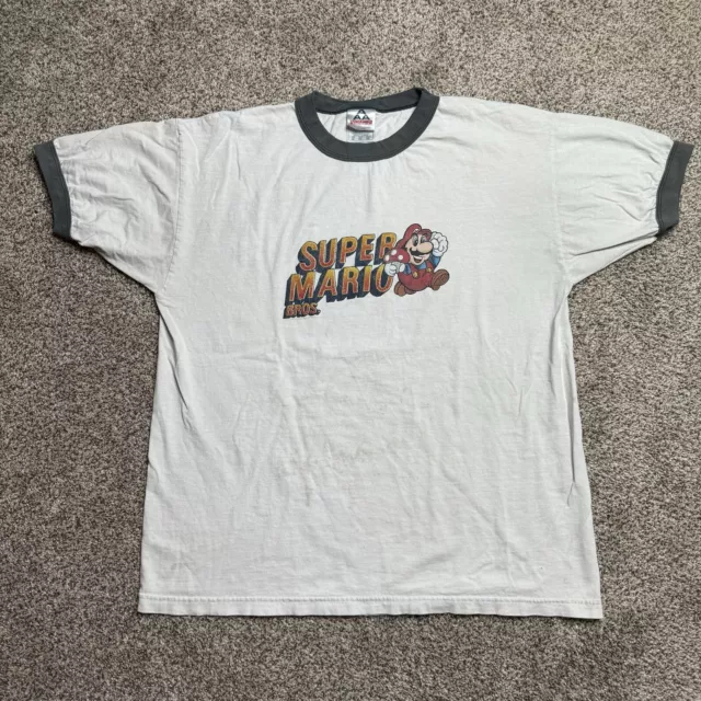 Camisa de videojuego A1 vintage años 90 Super Mario Bros para hombre talla XL blanca azul ringer