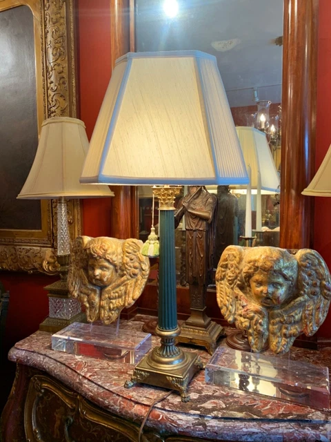 Early 20th Century Neoclassical Green Painted Metal and Gilt Bronze Column Lamp